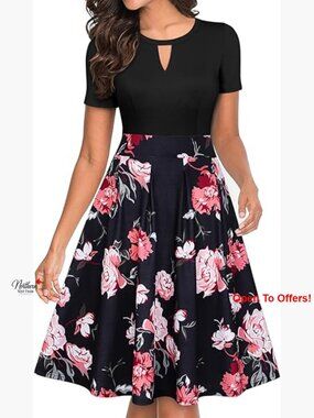 Vintage Floral Flared A-Line Swing Dress with Pockets